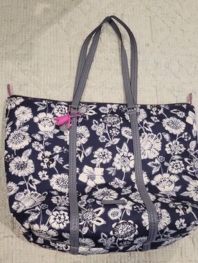 Vera Bradley Floral Navy and White Tote Bag with Pink Accent